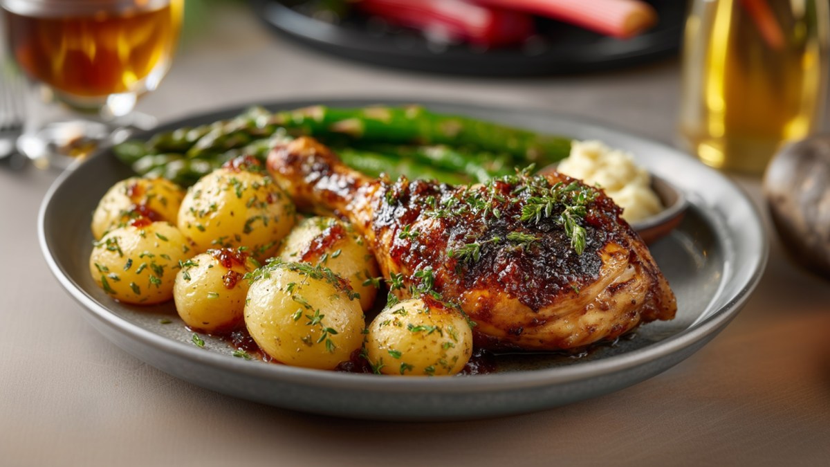 Ein Teller mit Ofen-Hähnchen mit Rhabarberbutter und Spargel.