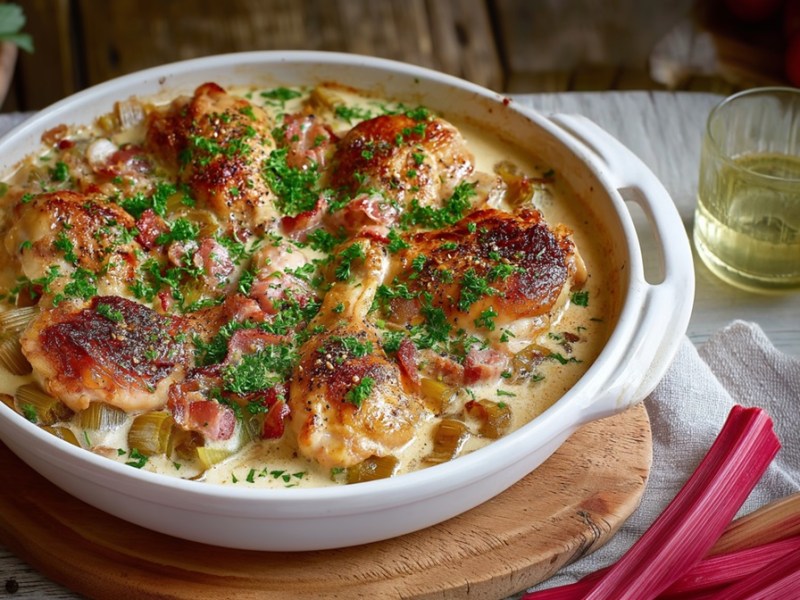 Auflaufform mit Ofen-Hähnchen mit Rhabarber