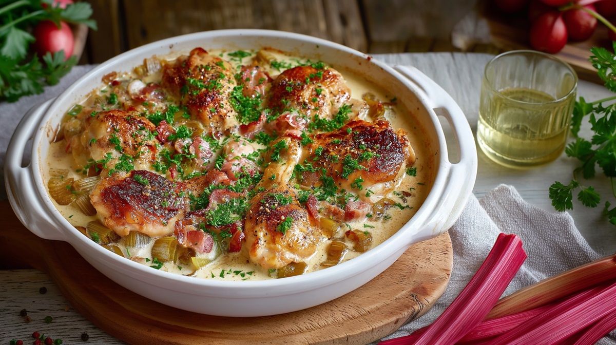 Auflaufform mit Ofen-Hähnchen mit Rhabarber