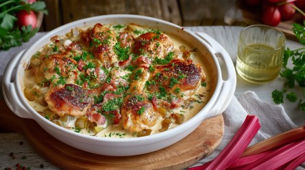 Auflaufform mit Ofen-Hähnchen mit Rhabarber