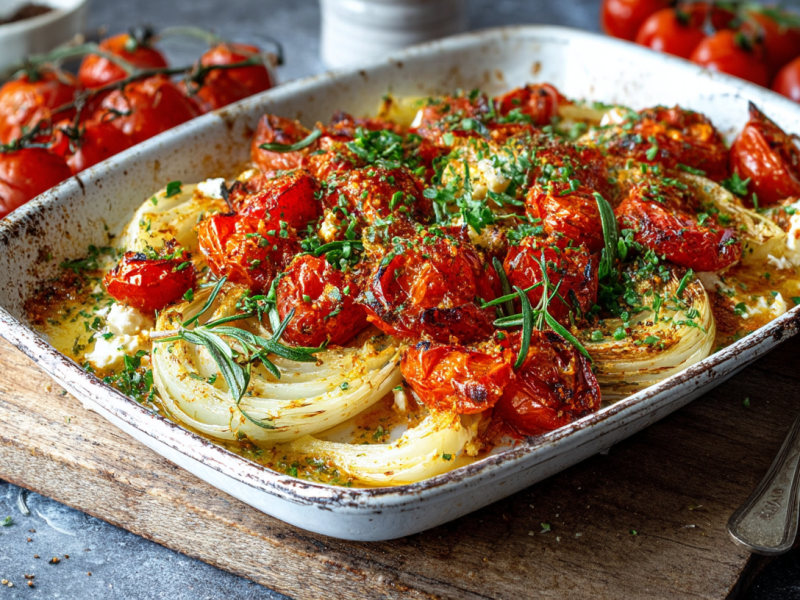 Ofenfenchel mit Tomaten und Feta in einer Auflaufform.