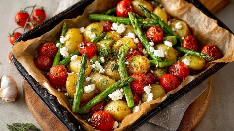 Blech mit Ofengemüse mit grünem Spargel