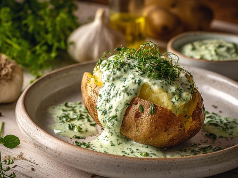 Teller mit Ofenkartoffel mit veganer Frankfurter Grüne Soße