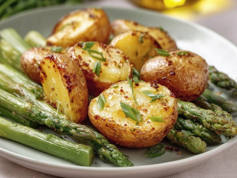 Ofenkartoffeln mit Spargel auf einem Teller.