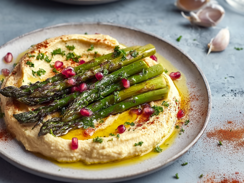 Ein Teller mit Ofenspargel auf Hummus. Alles ist mit einigen Granatapfelkernen garniert. Um den Teller liegt Paprikapulver, Knoblauchzehen und Gewürze verstreut. Außerdem ist eine Holzschale mit Granatapfelkernen zu sehen und es steht ein Gefäß mit Öl da.