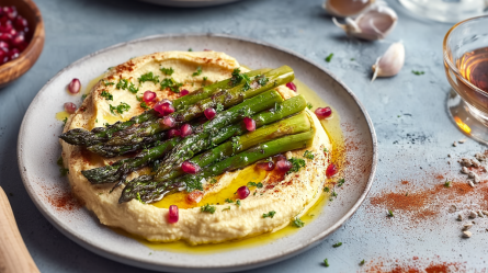 Ein Teller mit Ofenspargel auf Hummus. Alles ist mit einigen Granatapfelkernen garniert. Um den Teller liegt Paprikapulver, Knoblauchzehen und Gewürze verstreut. Außerdem ist eine Holzschale mit Granatapfelkernen zu sehen und es steht ein Gefäß mit Öl da.