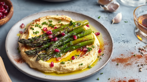Ein Teller mit Ofenspargel auf Hummus. Alles ist mit einigen Granatapfelkernen garniert. Um den Teller liegt Paprikapulver, Knoblauchzehen und Gewürze verstreut. Außerdem ist eine Holzschale mit Granatapfelkernen zu sehen und es steht ein Gefäß mit Öl da.