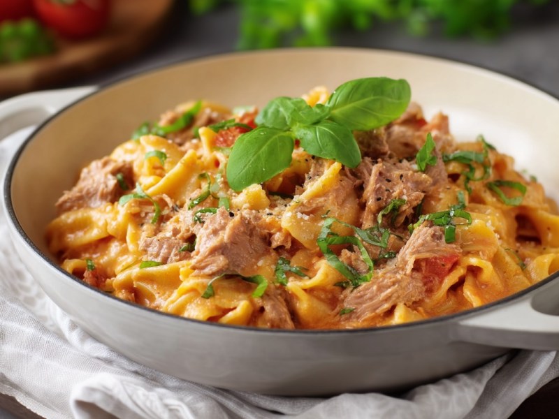 Ein Teller One-Pot-Pasta mit Thunfisch.