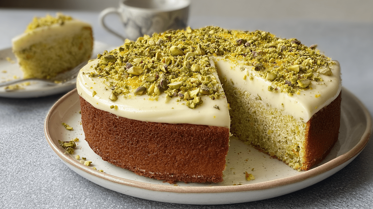 Ein Teller auf dem ein runder angeschnittener Orangen-Pistazien-Kuchen mit Ricotta-Frosting liegt. Im Hintergrund kann man einen Teller mit einem Kuchenstück und eine Tasse Kaffee erkennen.
