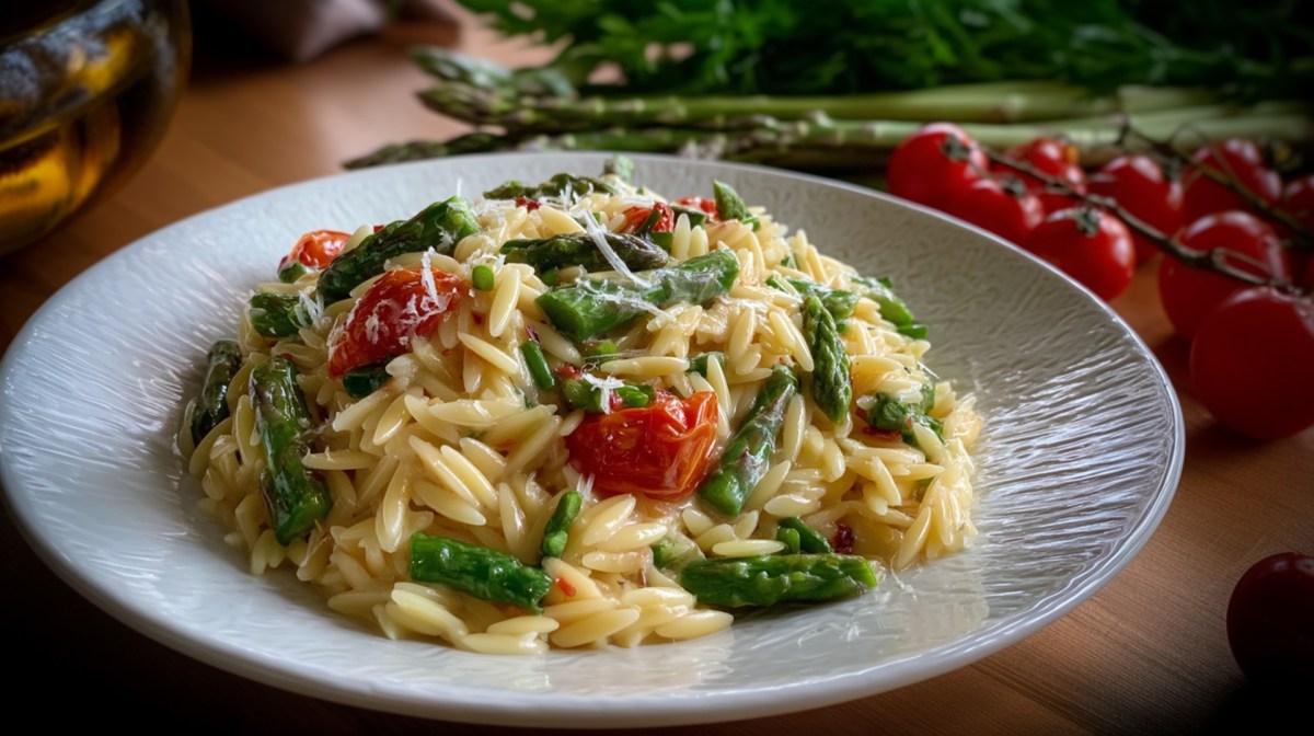 Teller mit Orzo-Spargel-Pfanne.