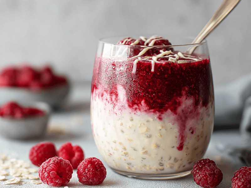 Ein Glas mit Overnight Oats mit weißer Schokolade und Himbeeren. Im Glas steckt ein goldener Löffel. Ringsum liegen einzelne Himbeeren und Haferflocken herum. Im Hintergrund kann man Schalen mit Himbeeren erkennen.