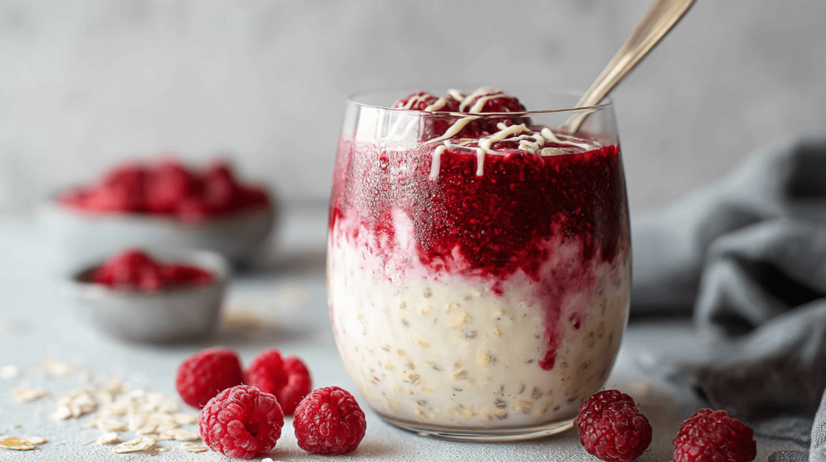 Ein Glas mit Overnight Oats mit weißer Schokolade und Himbeeren. Im Glas steckt ein goldener Löffel. Ringsum liegen einzelne Himbeeren und Haferflocken herum. Im Hintergrund kann man Schalen mit Himbeeren erkennen.