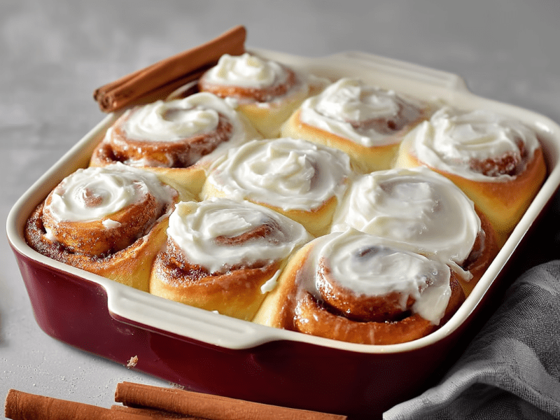 Eine Auflaufform mit Overnight Zimtschnecken. Am Rand der Form liegt eine Zimtstange. Weitere Zimtstangen liegen vor der Form. Rechts daneben liegt ein graues Küchentuch.
