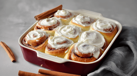Eine Auflaufform mit Overnight Zimtschnecken. Am Rand der Form liegt eine Zimtstange. Weitere Zimtstangen liegen vor der Form. Rechts daneben liegt ein graues Küchentuch.