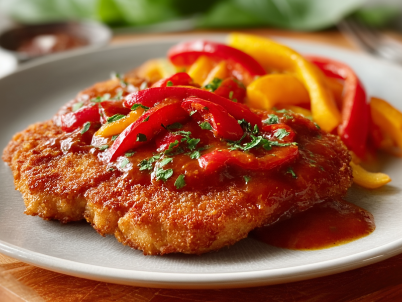 Ein Paprikaschnitzel liegt auf einem Teller. Es ist mit etwas Soße übergossen und mit Paprikastreifen versehen. Im Hintergrund sieht man noch etwas Salat.