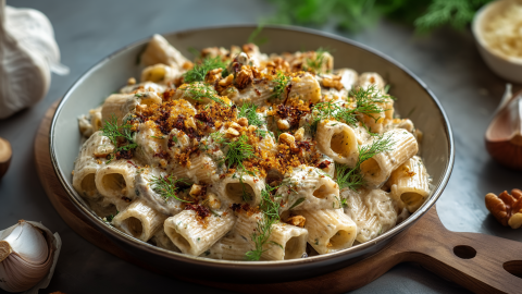Ein Teller voll Pasta mit cremiger Auberginensoße, die mit frischem Dill und knusprigen Semmelbröseln garniert ist. Der Teller steht auf einem Holzbrett. Ringsum liegt Knoblauch, einzelne Nüsse sowie frischer Dill und Zitrone.
