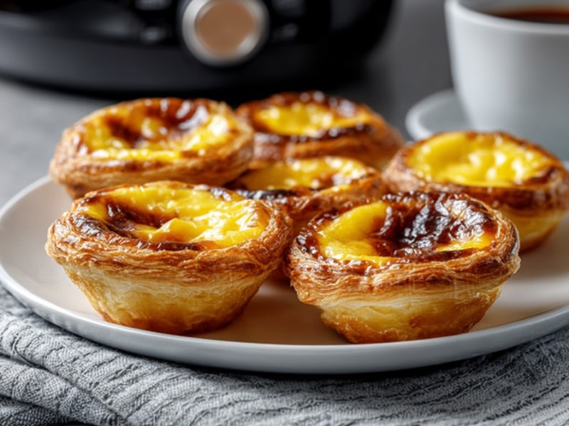 Teller mit Pastel de Nata aus der Heißluftfritteuse und Airfryer im Hintergrund