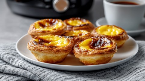 Teller mit Pastel de Nata aus der Heißluftfritteuse und Airfryer im Hintergrund
