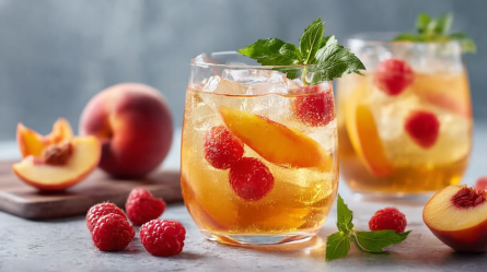 Zwei Gläser Peach Perfect Spritz. Um die Gläser herum verteil liegen Himbeeren und Pfirsiche.