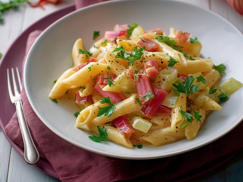 Teller mit Penne in Rhabarber-Kohlrabi-Soße
