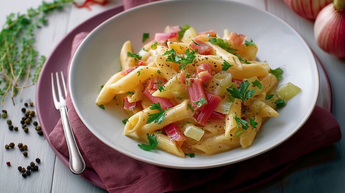 Teller mit Penne in Rhabarber-Kohlrabi-Soße