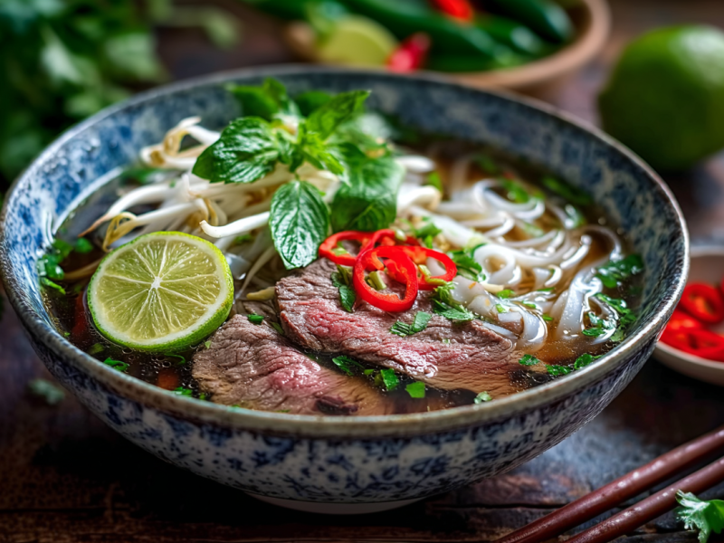 Eine Schüssel Pho Bo auf dunklem Untergrund. Die Suppe ist mit Reisbandnudeln, Koriander, Rindfleisch, Chili und einer Limettenscheibe angerichtet. Im Hintergrund liegen weitere frische Kräuter, eine Limette und eine Schale mit Chili.