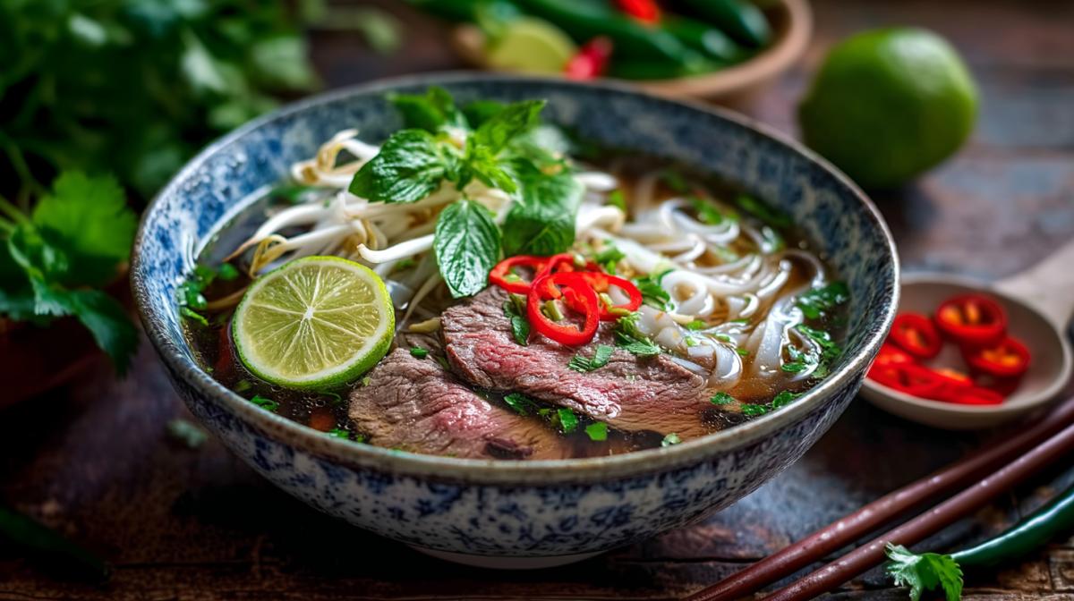 Eine Schüssel Pho Bo auf dunklem Untergrund. Die Suppe ist mit Reisbandnudeln, Koriander, Rindfleisch, Chili und einer Limettenscheibe angerichtet. Im Hintergrund liegen weitere frische Kräuter, eine Limette und eine Schale mit Chili.