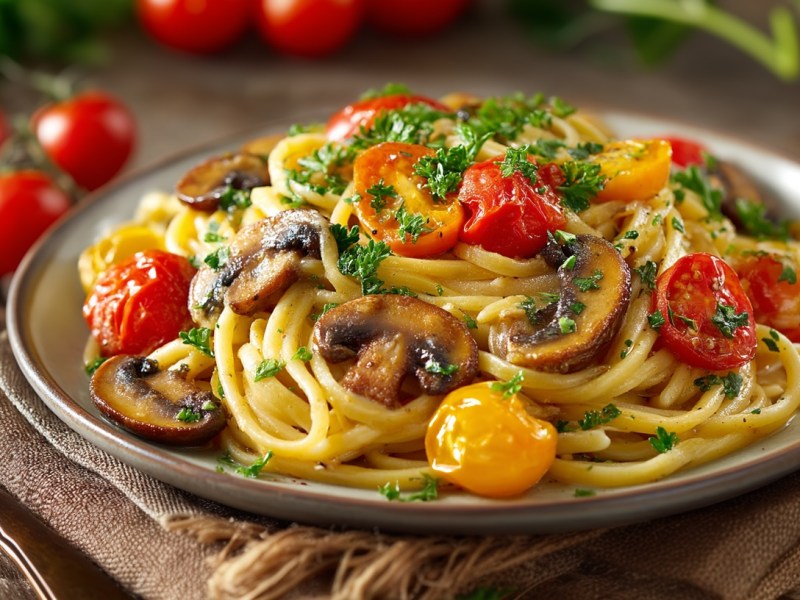 Pilz-Pasta mit Tomaten auf einem Teller, drumherum einige Zutaten.