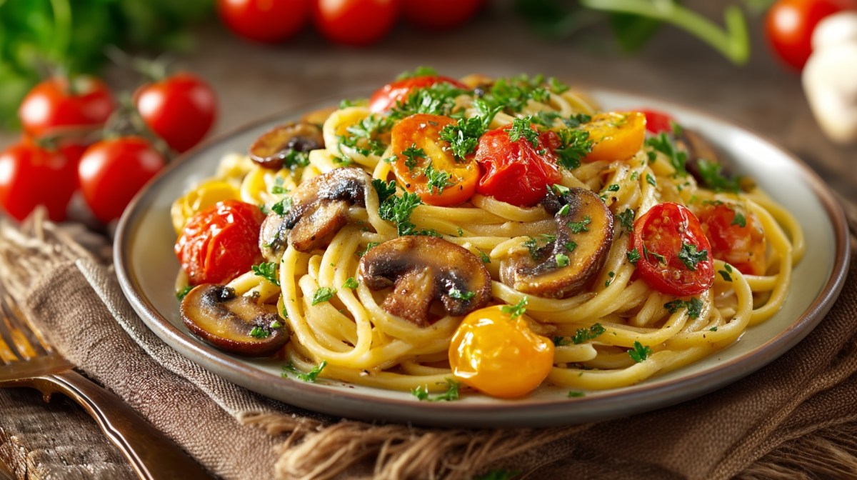 Pilz-Pasta mit Tomaten auf einem Teller, drumherum einige Zutaten.
