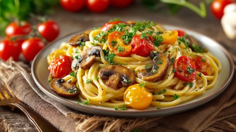 Pilz-Pasta mit Tomaten auf einem Teller, drumherum einige Zutaten.