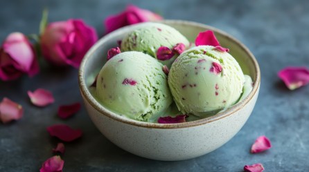 Drei Kugeln Pistazien-Rosen-Eis in einer hellgrünen Schüssel.