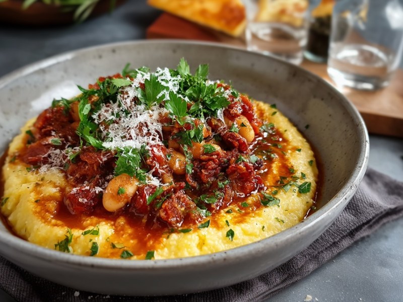 Teller mit Polenta mit Bohnen-Chorizo-Soße