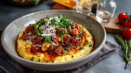 Teller mit Polenta mit Bohnen-Chorizo-Soße