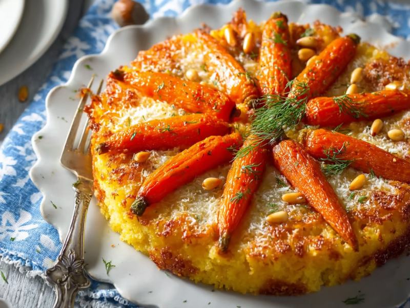Polenta-Möhrenstern mit Parmesan auf einem gewellten Teller.