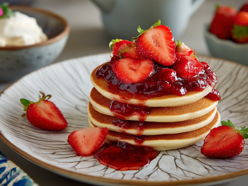 Ein Stapel Quarkpfannkuchen mit Erdbeeren auf einem gemusterten Teller.