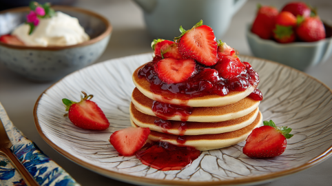 Ein Stapel Quarkpfannkuchen mit Erdbeeren auf einem gemusterten Teller.