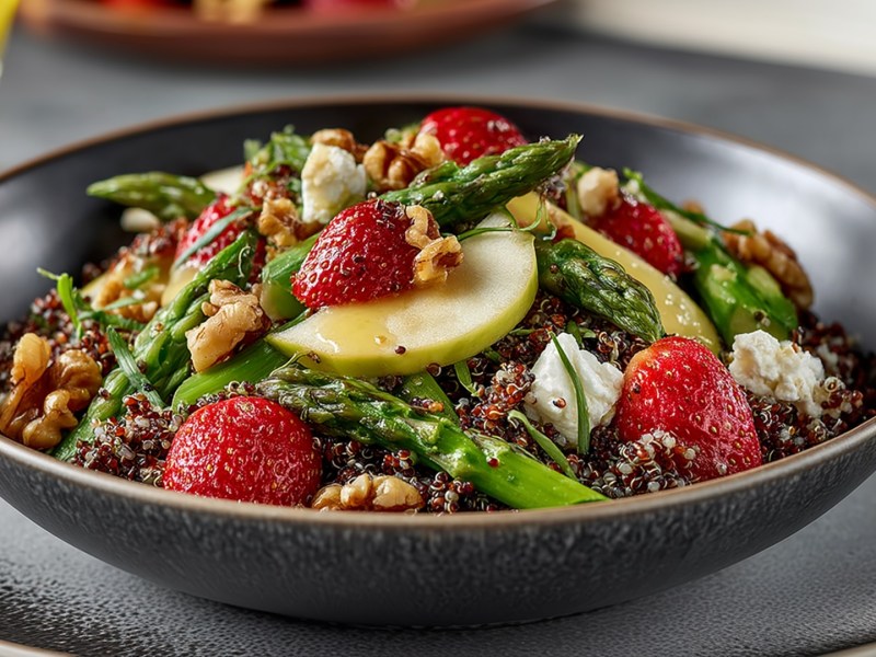 Ein Teller mit Quinoa-Spargel-Salat mit Apfel und Erdbeeren. Der Teller steht auf einem größeren Teller mit einer Gabel. Im Hintergrund kann man ein gefülltes Glas und eine Holzschale erahnen.
