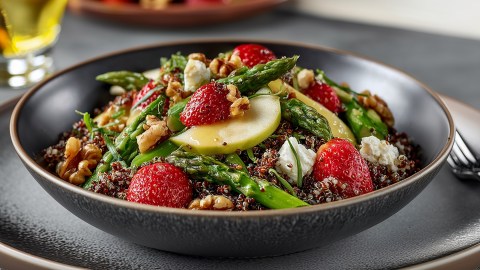 Ein Teller mit Quinoa-Spargel-Salat mit Apfel und Erdbeeren. Der Teller steht auf einem größeren Teller mit einer Gabel. Im Hintergrund kann man ein gefülltes Glas und eine Holzschale erahnen.