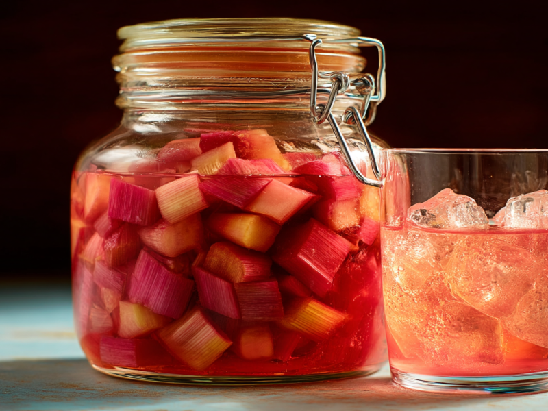 Ein Einmachglas mit Rhabarber-Gin, daneben ebendieser angefüllt in ein Glas mit Eiswürfeln.