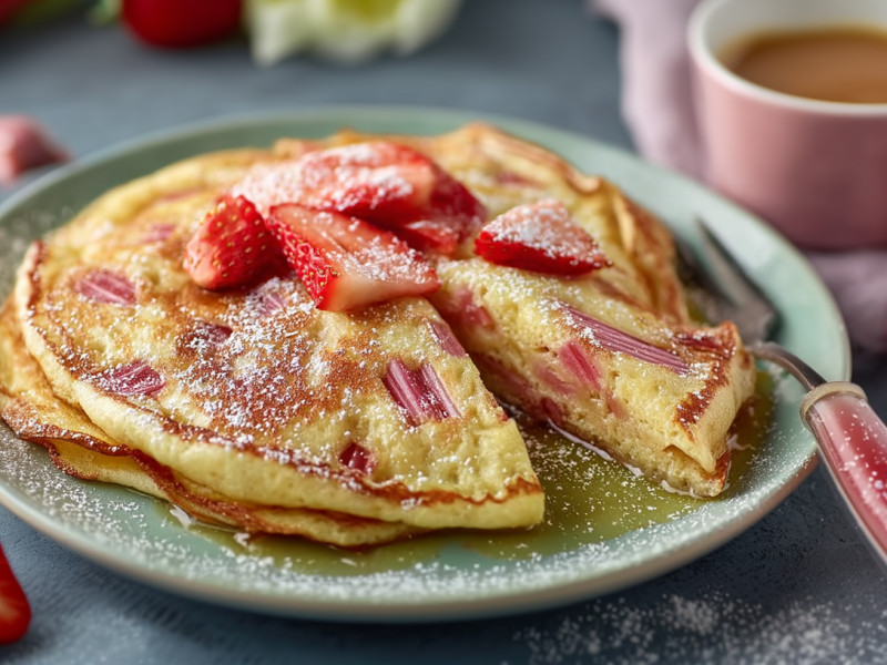 Einige Rhabarber-Pfannkuchen liegen auf einem Teller. Auf ihnen liegen Erdbeeren sowie Puderzucker. im Hintergrund steht eine Tasse Kaffee. Eine Gabel liegt ebenfalls auf dem Teller.