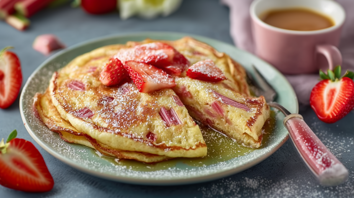 Einige Rhabarber-Pfannkuchen liegen auf einem Teller. Auf ihnen liegen Erdbeeren sowie Puderzucker. im Hintergrund steht eine Tasse Kaffee. Eine Gabel liegt ebenfalls auf dem Teller.