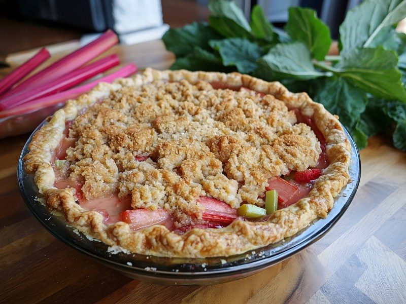 Rhabarber-Streusel-Pie auf einem Tisch