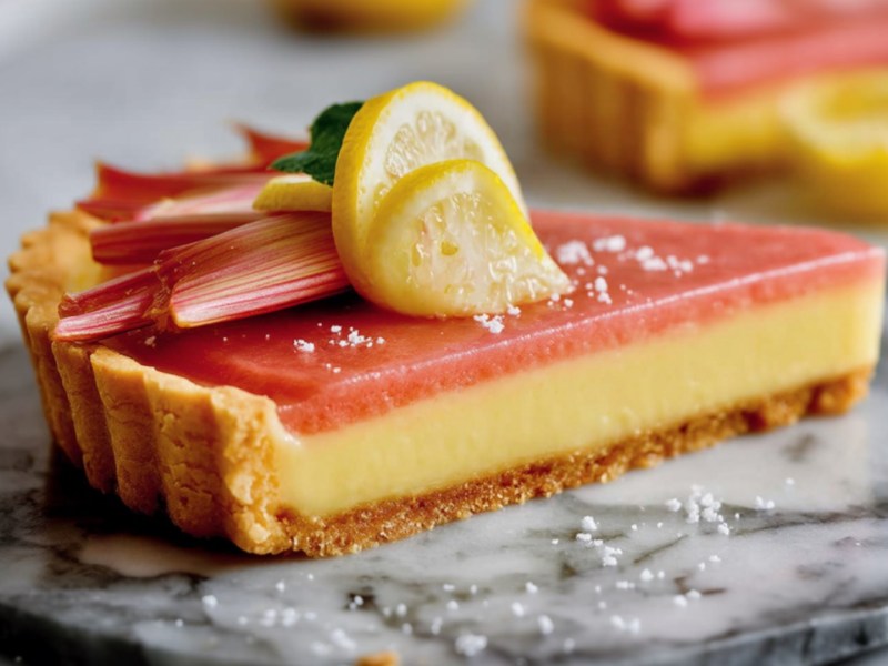 Ein Stück Rhabarber-Zitronen-Tarte.
