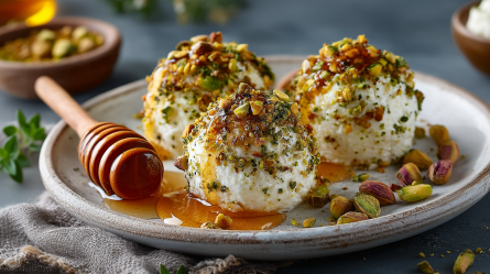 Ein Teller mit drei Ricotta-Bällchen mit Pistazien und Honig. Auf dem Teller liegt ein Honiglöffel aus Holz. Im Hintergrund kann man eine Schale mit Pistazien erahnen. Außerdem liegen einige gehackte Pistazien herum.