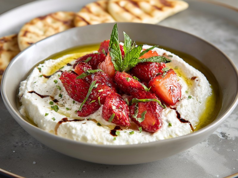 Eine Schale mit Ricotta-Dip mit gerösteten Erdbeeren. Die Schale steht auf einem großen Teller. Im Hintergrund kann man drei kleine Pita-Brote erkennen.