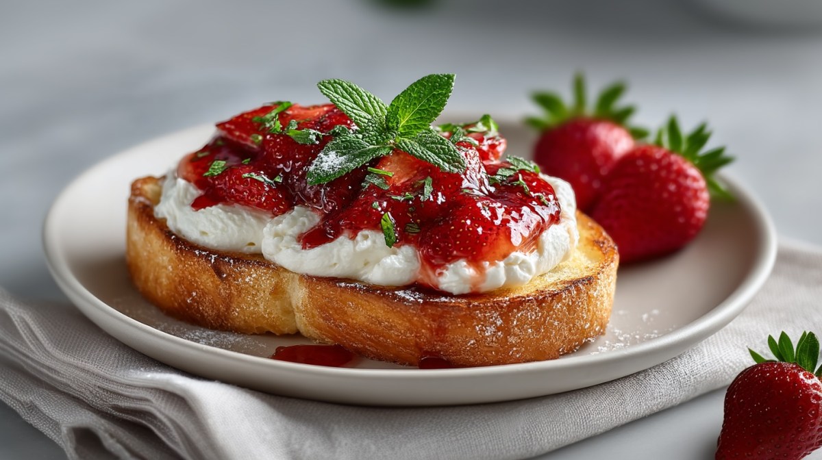Eine Scheibe Ricotta-Toast mit Erdbeeren auf einem Teller. Nahaufnahme.