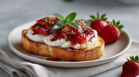 Eine Scheibe Ricotta-Toast mit Erdbeeren auf einem Teller. Nahaufnahme.