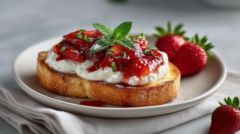 Eine Scheibe Ricotta-Toast mit Erdbeeren auf einem Teller. Nahaufnahme.