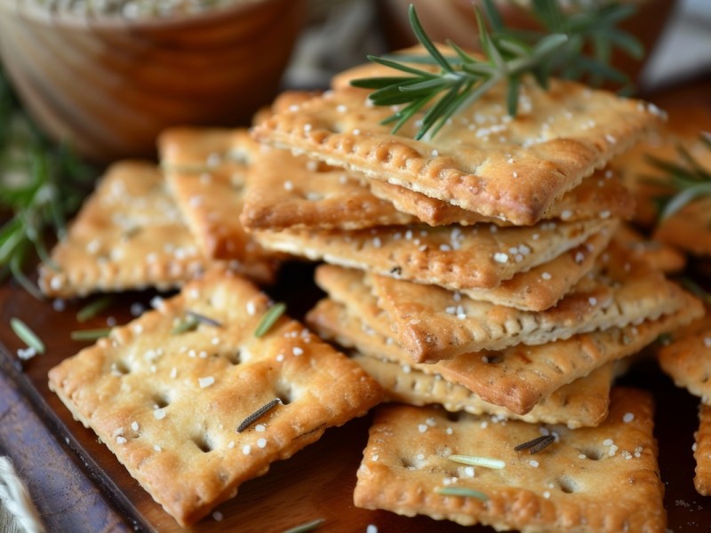 Ein Stapel Rosmarin-Cracker mit Olivenöl, garniert mit Rosmarin und Meersalz.