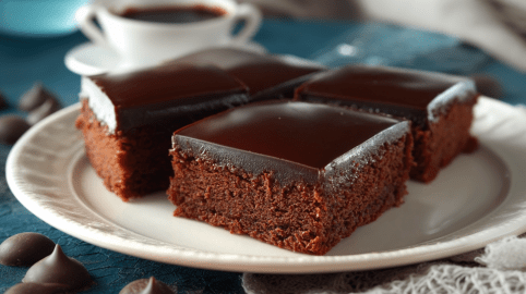 Vier Stücke Sachertorte vom Blech liegen auf einem weißen Teller. Im Hintergrund steht eine Kaffeetasse. Um den Teller verteilt liegen Schokodrops.